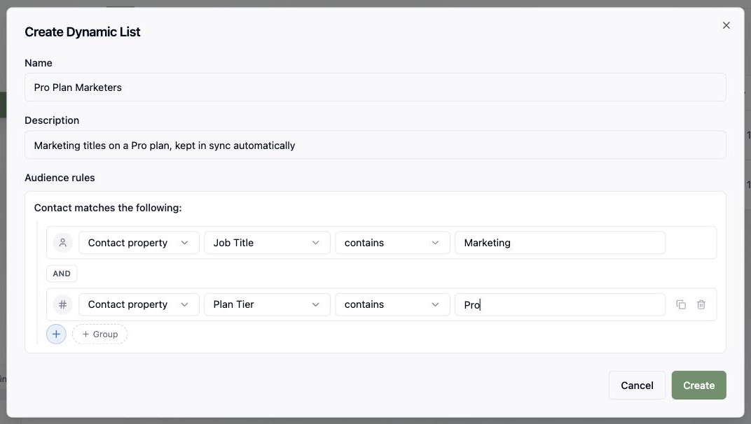 A dynamic list defined by audience rules