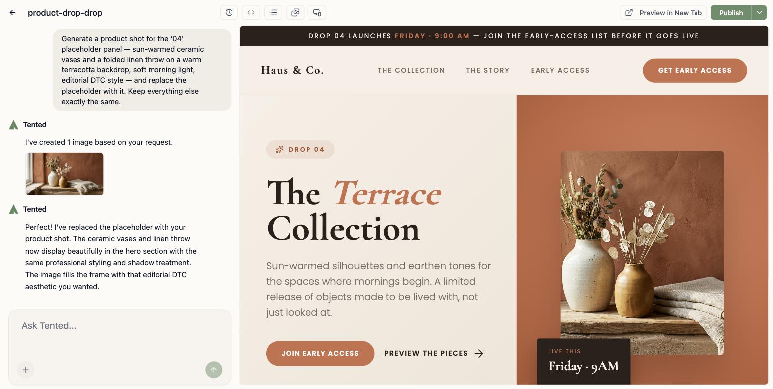 The Tented editor with the Image Agent generating a product shot for a drop page