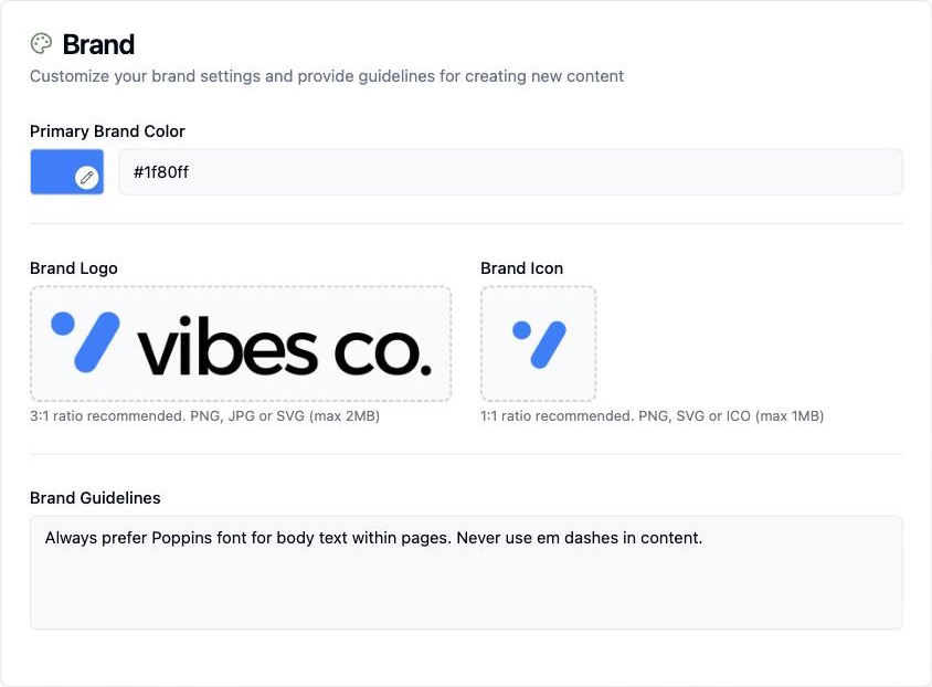 Workspace brand settings showing the Vibes Co. primary color, logo, icon, and written brand guidelines