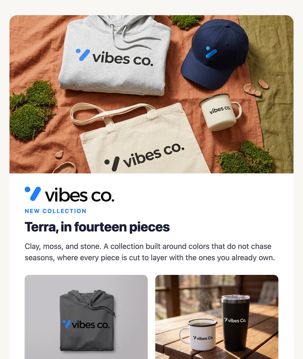 A Vibes Co. collection email whose product photos, a hoodie, cap, tote, and mug, were generated with the Vibes Co. logo by the Image Agent