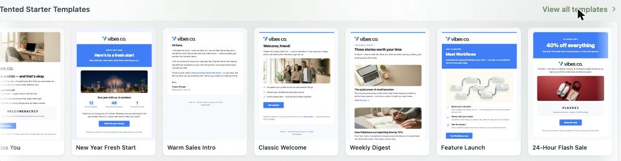 Email template gallery rendering every starter template with the Vibes Co. brand applied