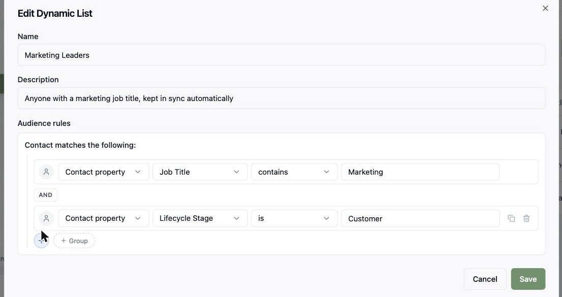 Dynamic list builder with audience rules matching job title contains Marketing and lifecycle stage is Customer