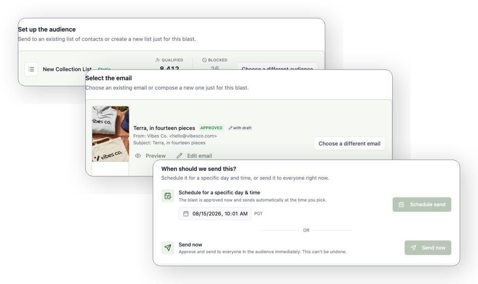 The blast wizard layered as three steps: choose the audience, pick the email, then schedule or send now