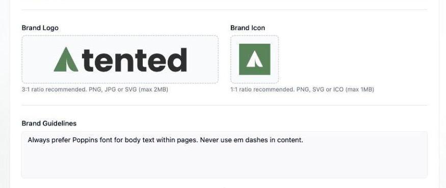 Workspace brand settings with logo, icon, and written guidelines