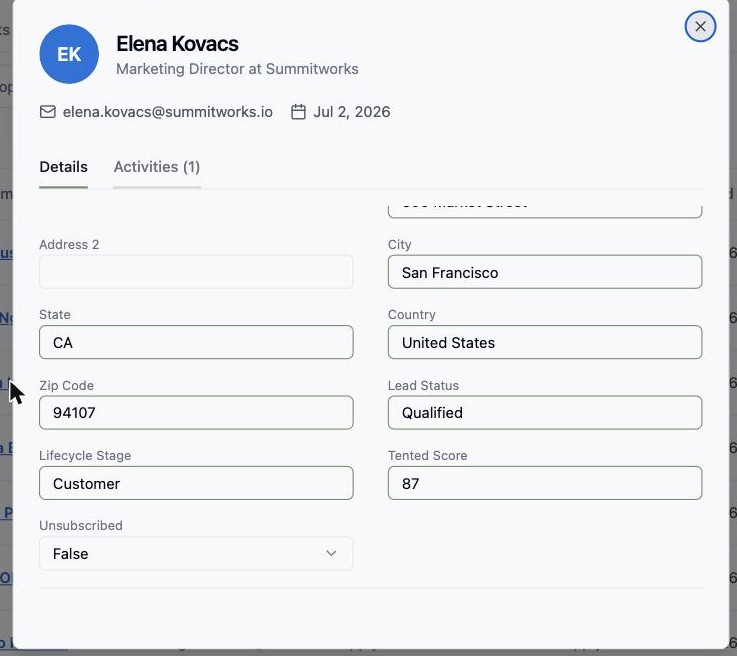 Contact record showing custom fields of different types including lead status, lifecycle stage, a numeric score, and an unsubscribed select