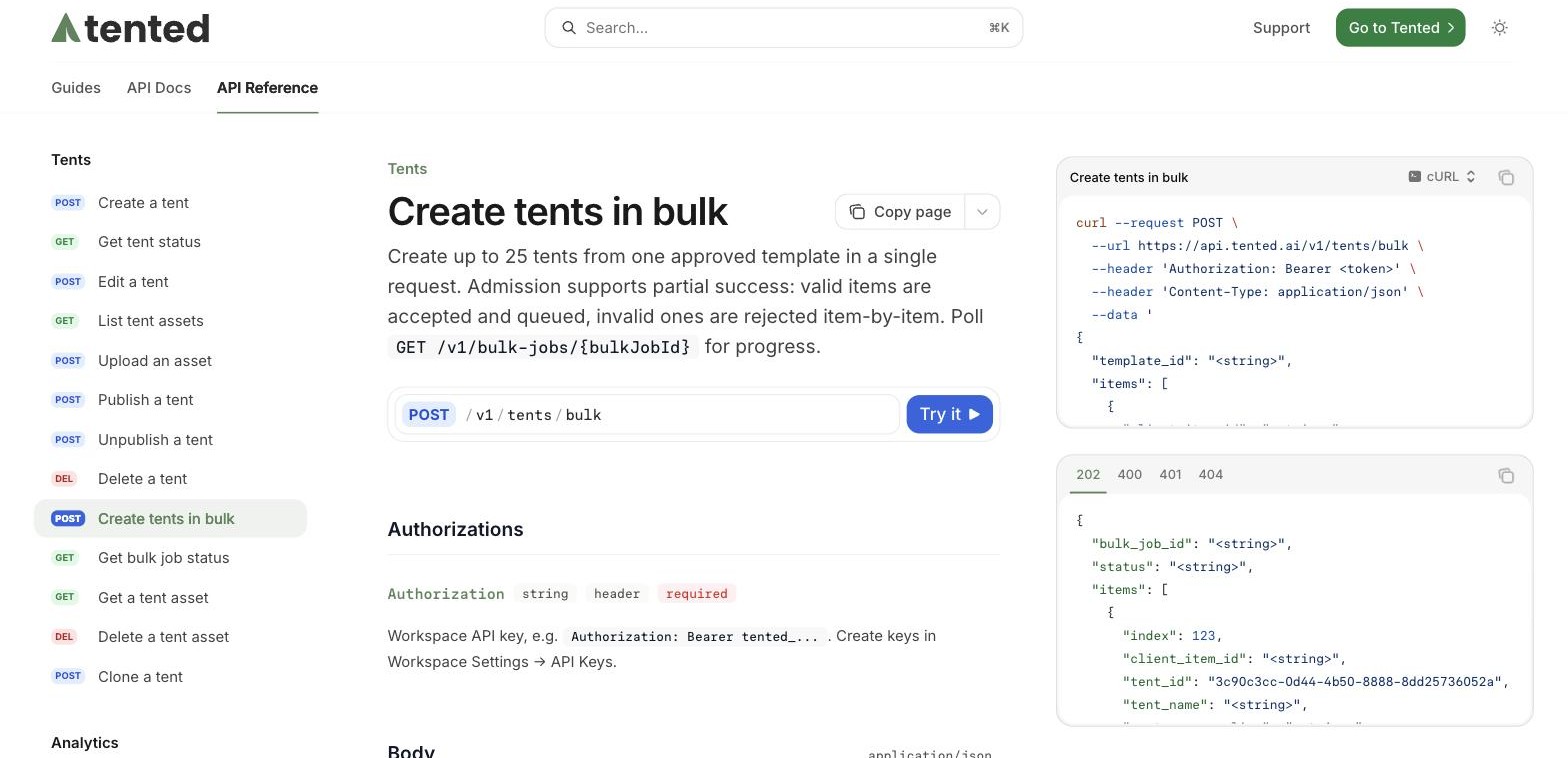 Tented API reference for the bulk tent-creation endpoint with cURL example