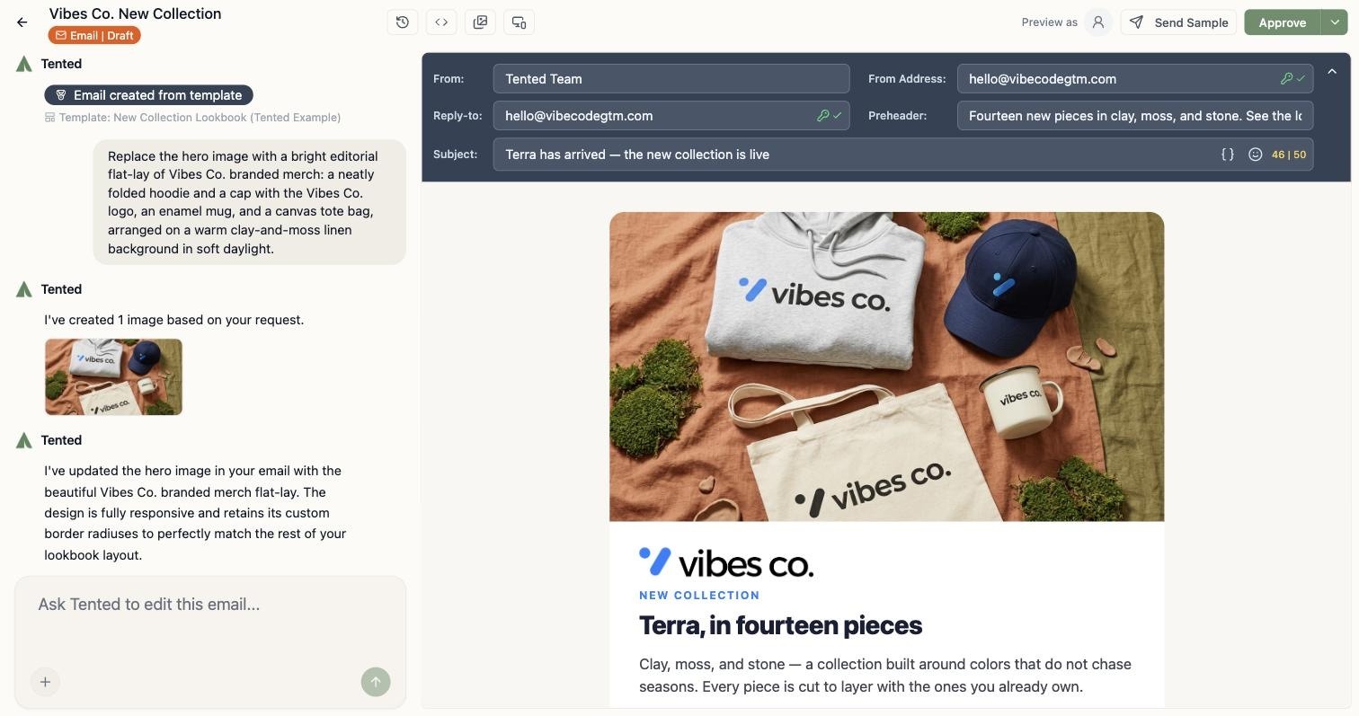 Tented AI Email Studio designing an on-brand campaign email from a prompt