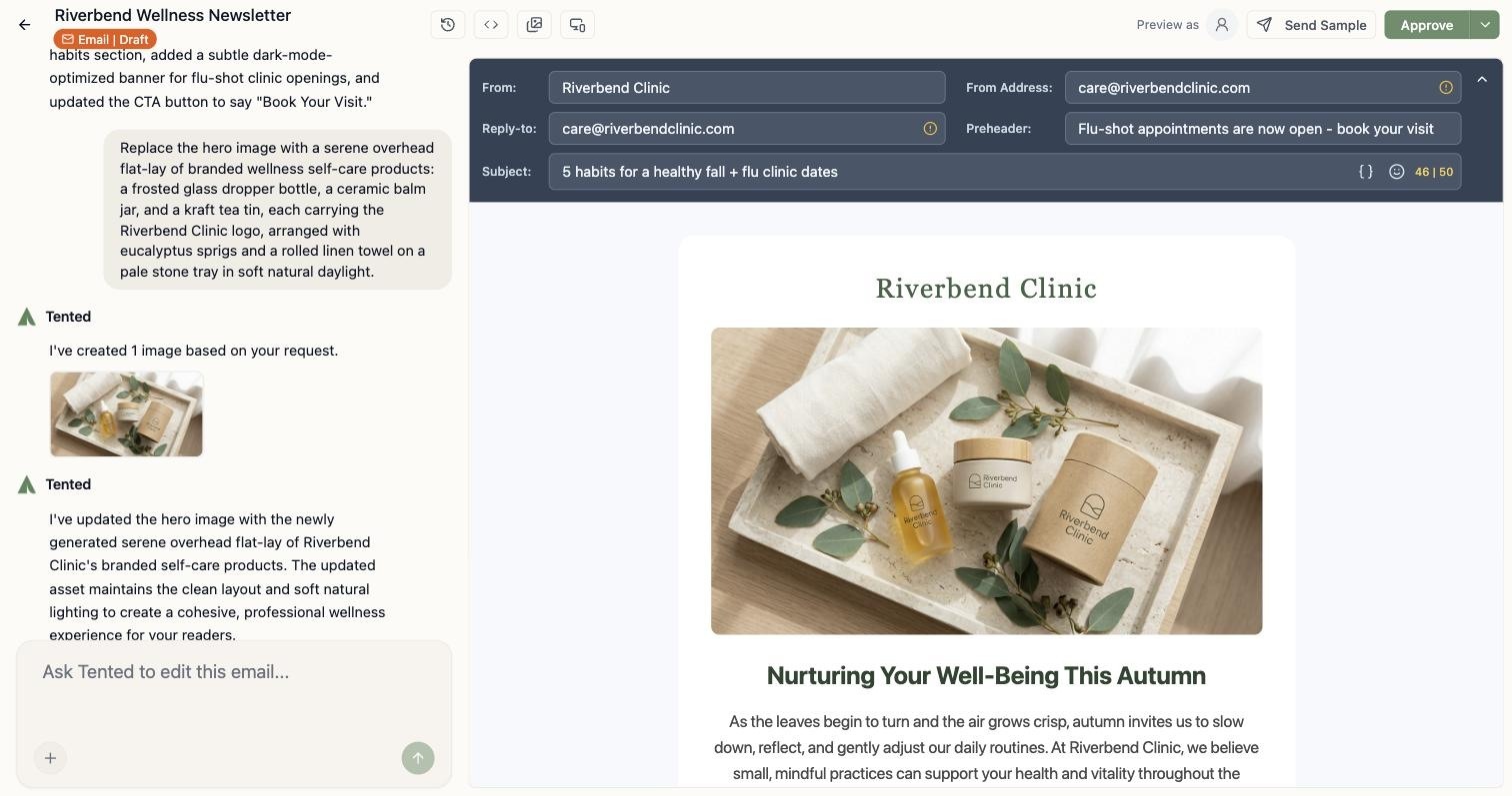 Tented Image Agent generating a branded product flat-lay inside the email editor from a chat prompt