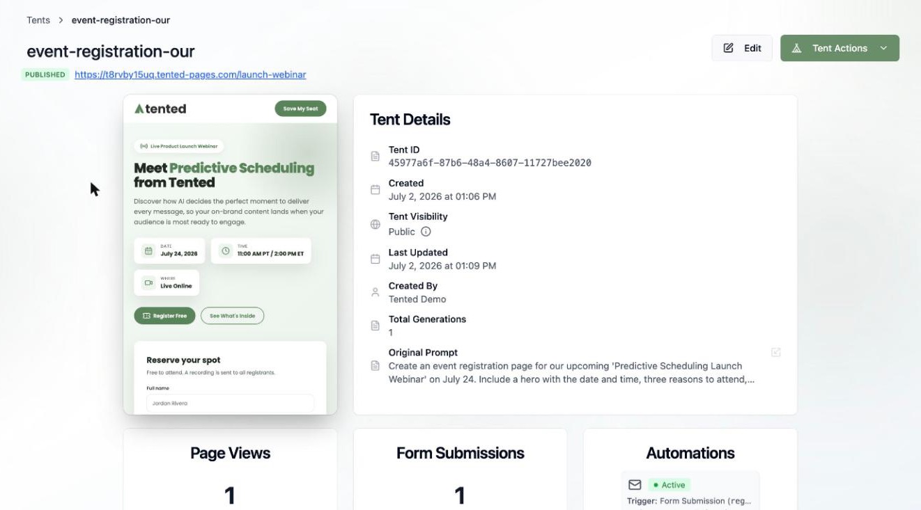 Tent detail view showing page preview, page views, form submissions, and automations