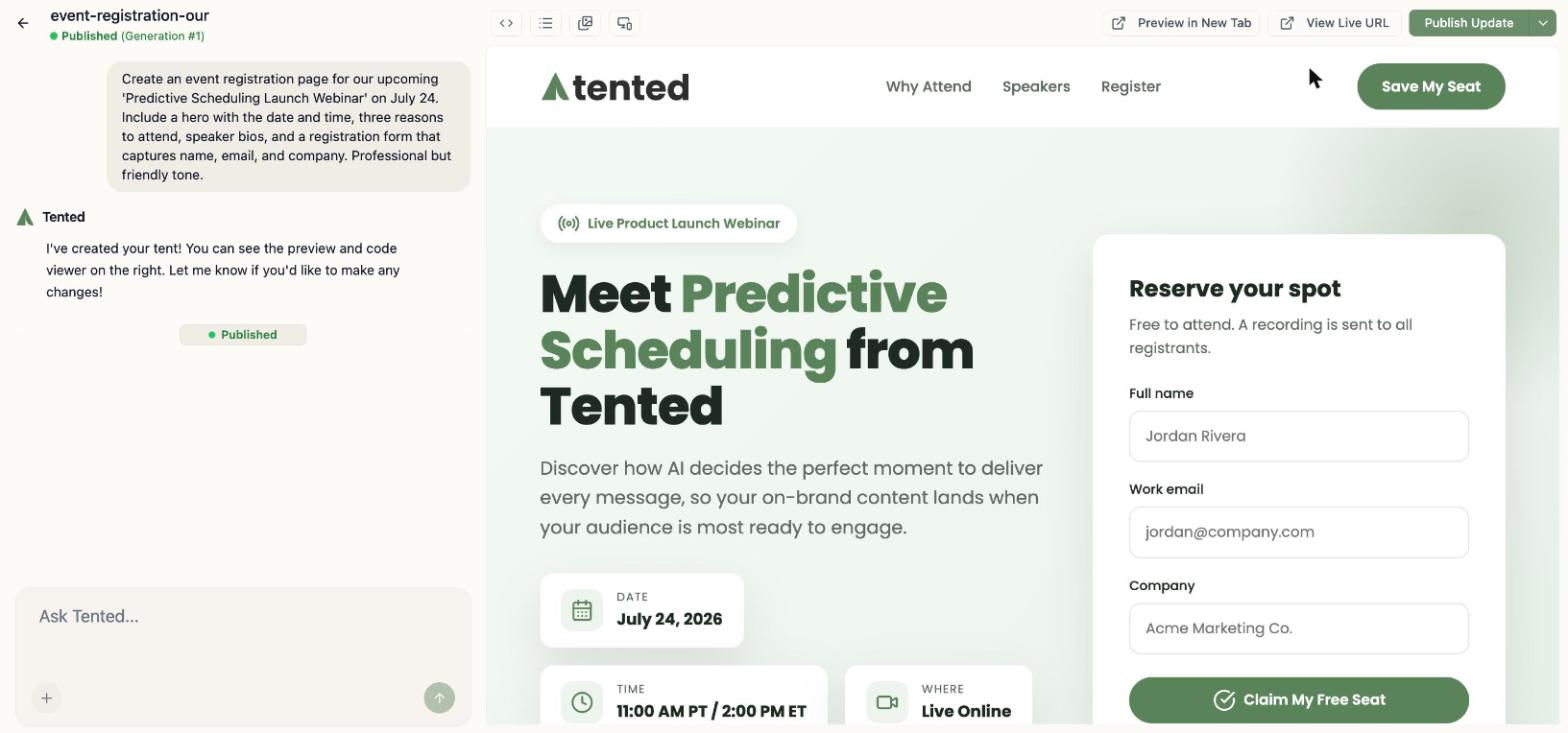 Tented page editor with AI chat on the left and a live landing page preview on the right