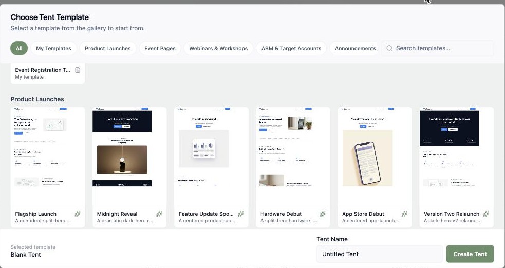 Tent template gallery showing branded product-launch landing page templates with the Vibes Co. logo and colors already applied