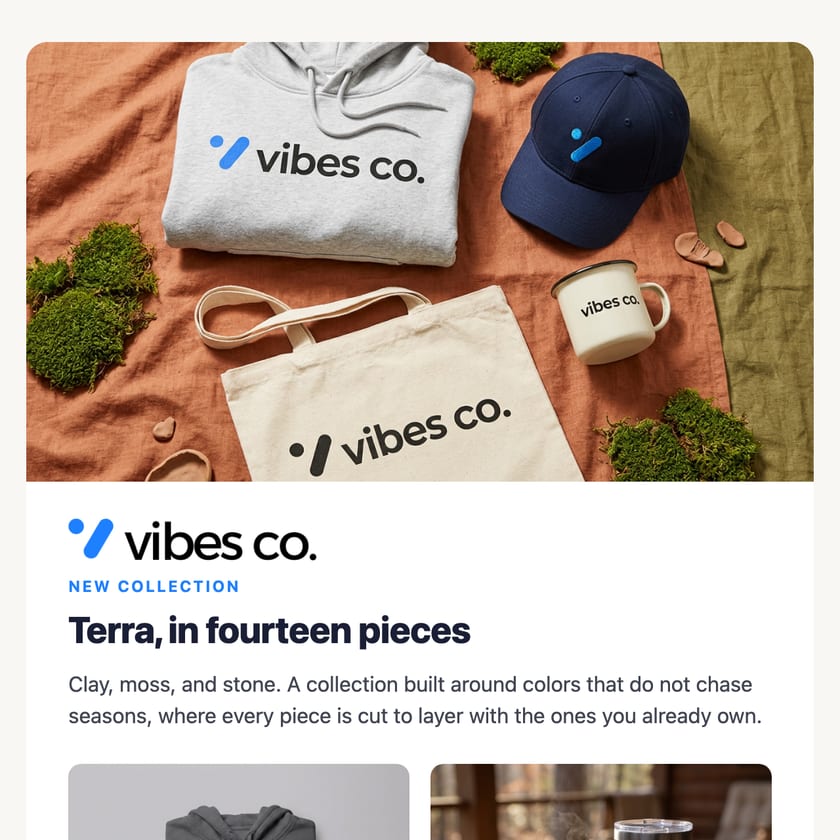 Vibes Co. new collection email with AI-generated product photos of a hoodie, tote, cap, and tumbler, each carrying the client's logo