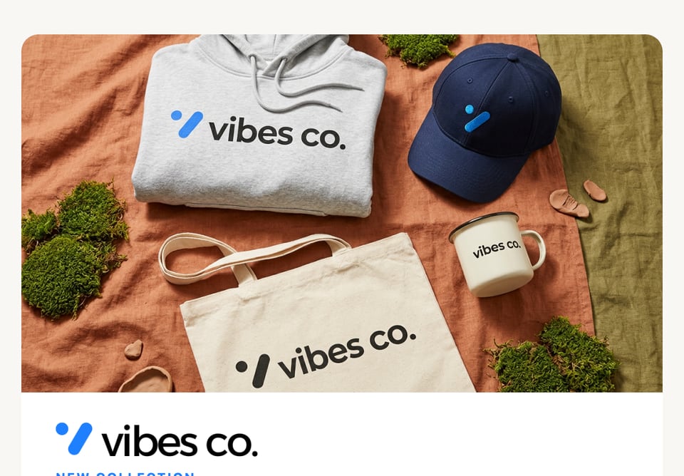 Vibes Co. new collection email with AI-generated product photos of a hoodie, tote, cap, and tumbler, each carrying the client's logo