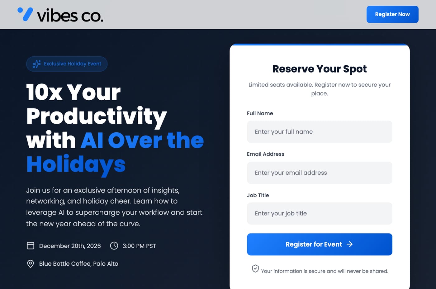 A holiday event landing page built in Tented for the client brand Vibes Co., with the client's logo, colors, and a registration form
