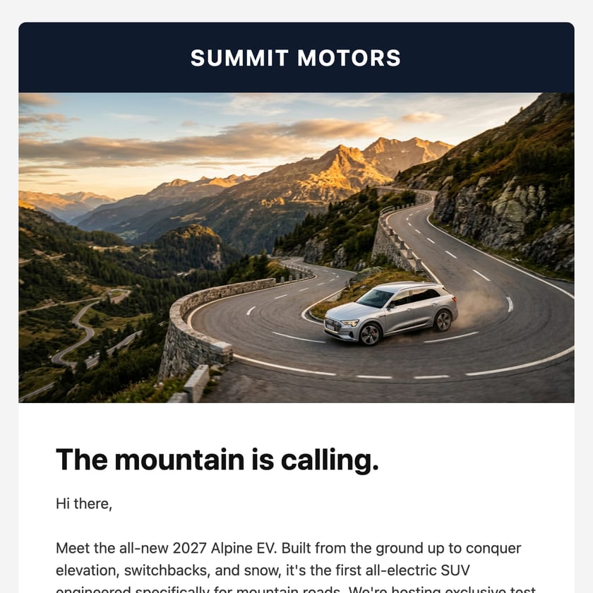 Summit Motors email inviting drivers to a test-drive weekend for the all-new Alpine EV, with a mountain road hero