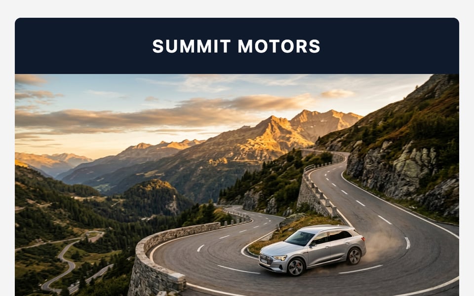 Summit Motors email inviting drivers to a test-drive weekend for the all-new Alpine EV, with a mountain road hero