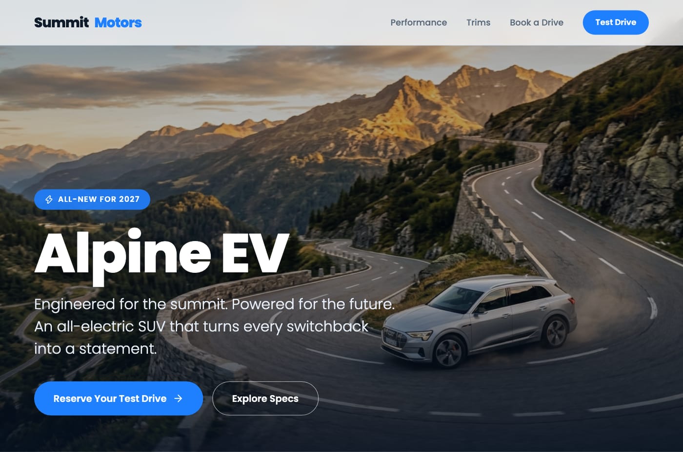 An EV launch page with spec cards and a test-drive booking form, hero photo generated by the Image Agent