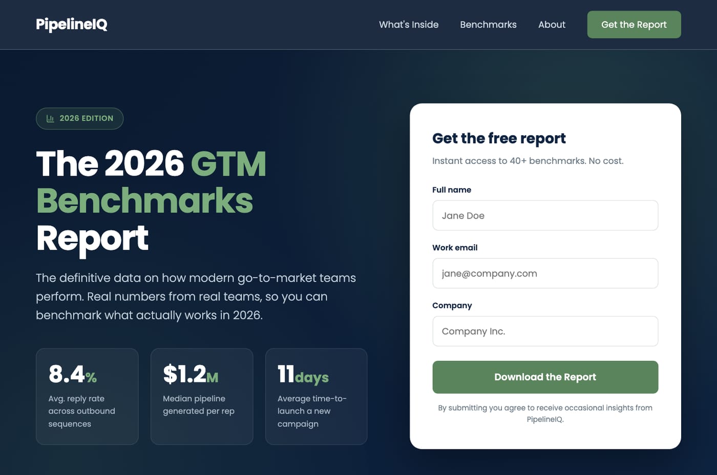 A gated benchmarks-report landing page with a built-in download form, generated in Tented