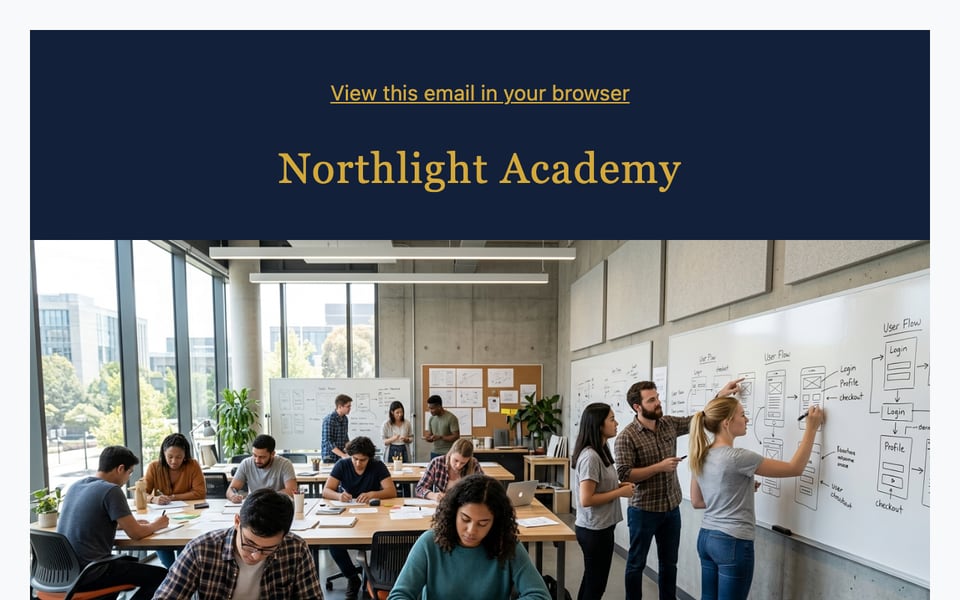 Northlight Academy email announcing open applications for the Fall 2026 UX Design Bootcamp, with start date, format, and an info session RSVP