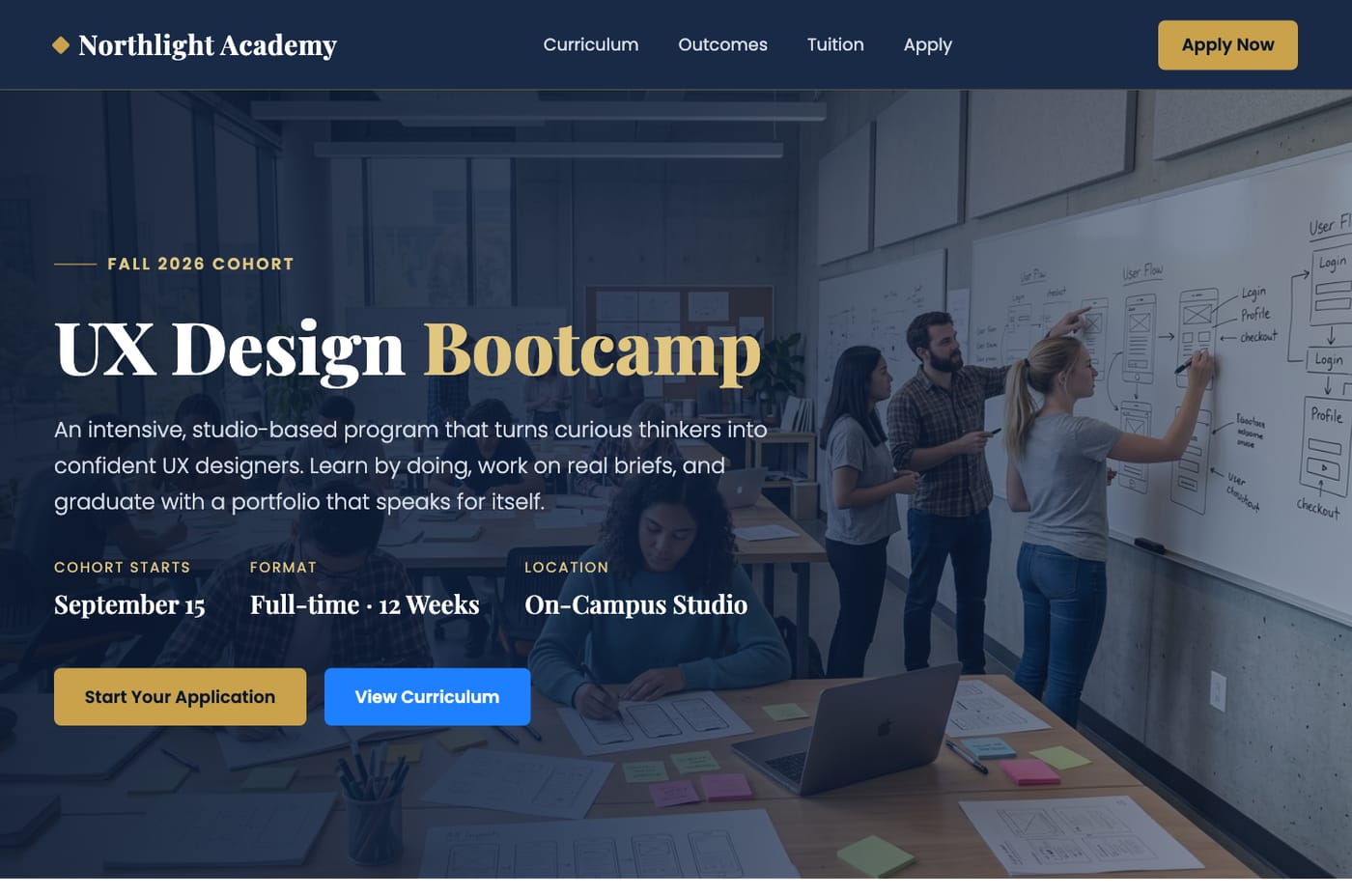A UX bootcamp program page with curriculum and application form, hero photo generated by the Image Agent