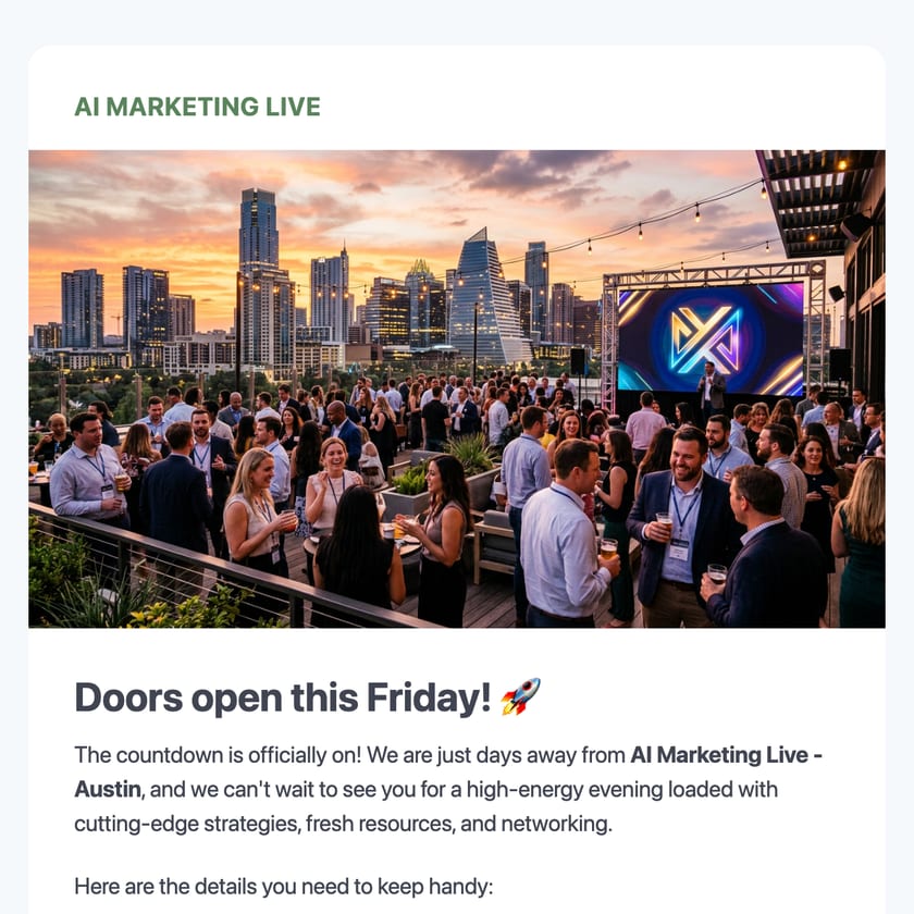 An event reminder email with an AI-generated city skyline hero