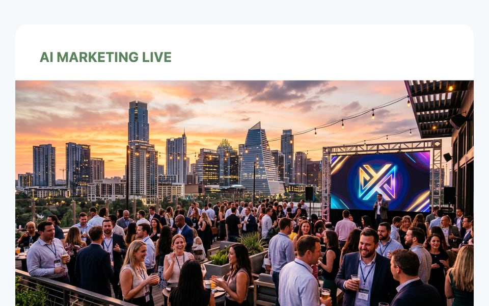An event reminder email with an AI-generated city skyline hero