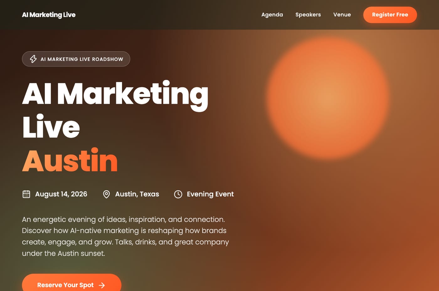 An event registration page with agenda, speakers, and a built-in form, generated in Tented