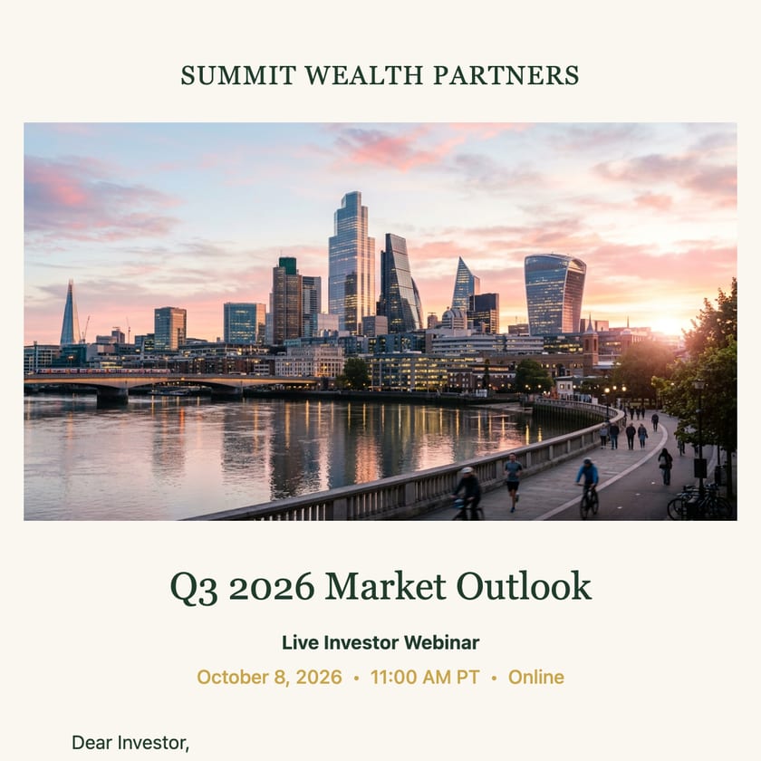 Summit Wealth Partners invitation to a live Q3 2026 market outlook webinar, with a compliance disclaimer in the footer