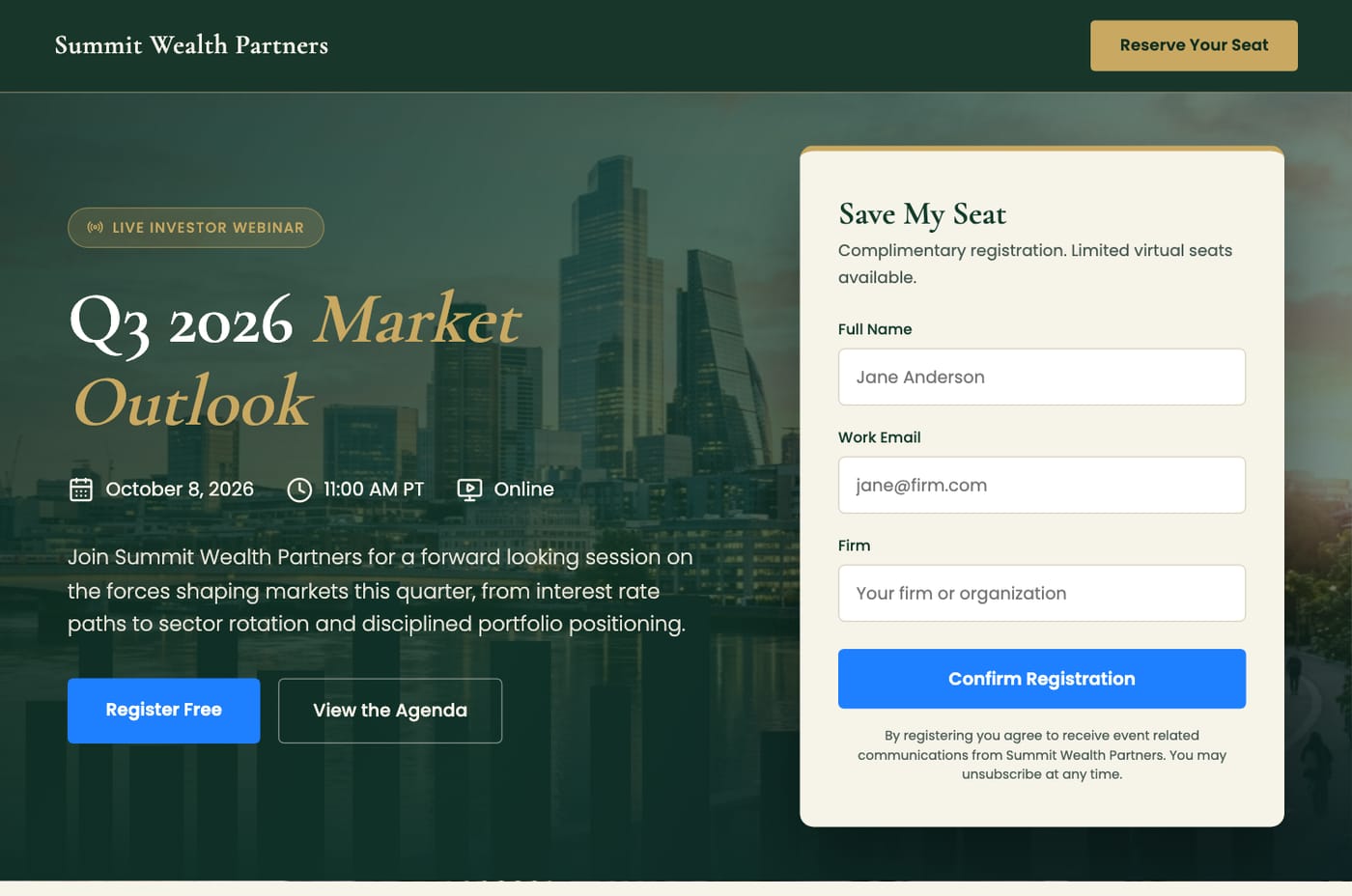 A market outlook webinar registration page for a wealth advisory, generated in Tented