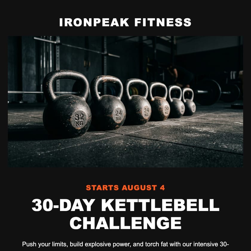 IronPeak Fitness email launching a 30-day kettlebell challenge, with a week-by-week program and a claim-your-spot button
