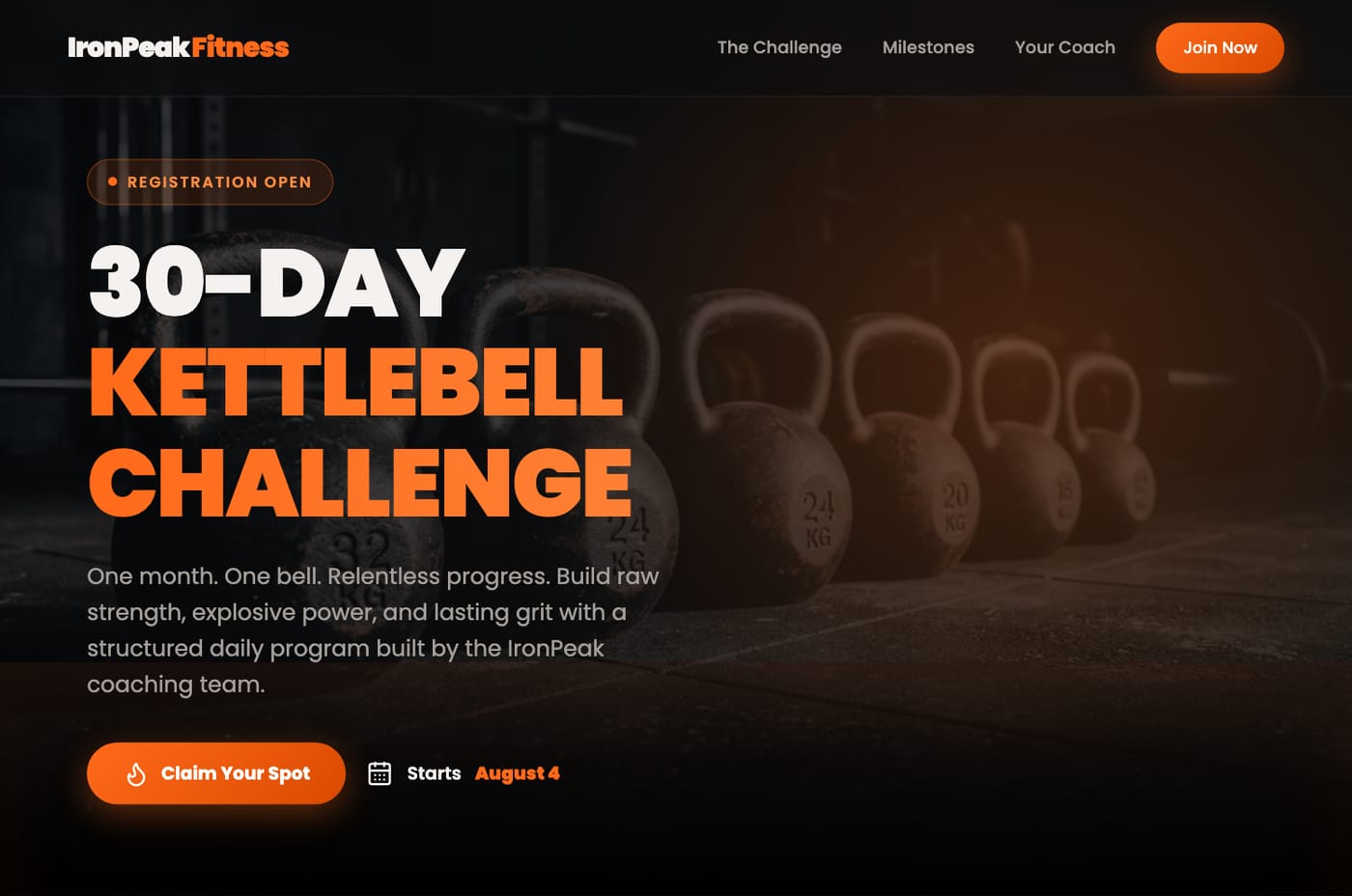 A 30-day kettlebell challenge signup page for a strength gym, hero photo generated by the Image Agent