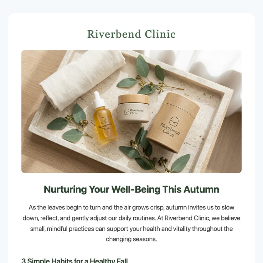 A monthly wellness newsletter with a calming skincare flat lay hero