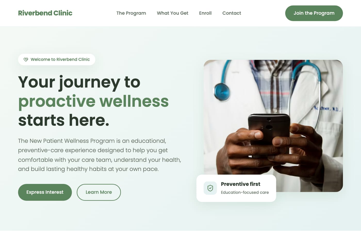 A clinic's wellness program page with an enrollment form, generated in Tented