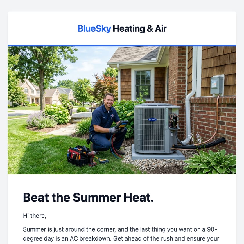 BlueSky Heating & Air email offering a spring AC tune-up special, with a 21-point checklist and a booking button