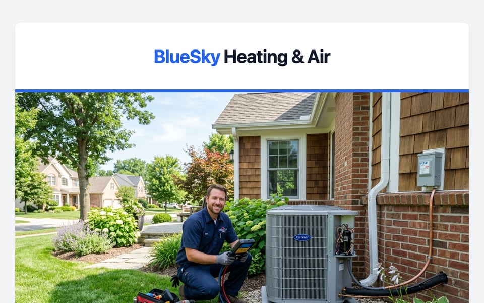 BlueSky Heating & Air email offering a spring AC tune-up special, with a 21-point checklist and a booking button