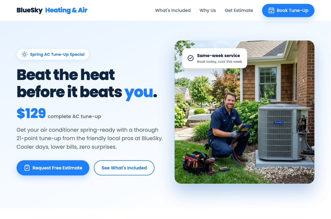 A spring AC tune-up offer page with an estimate request form, generated in Tented