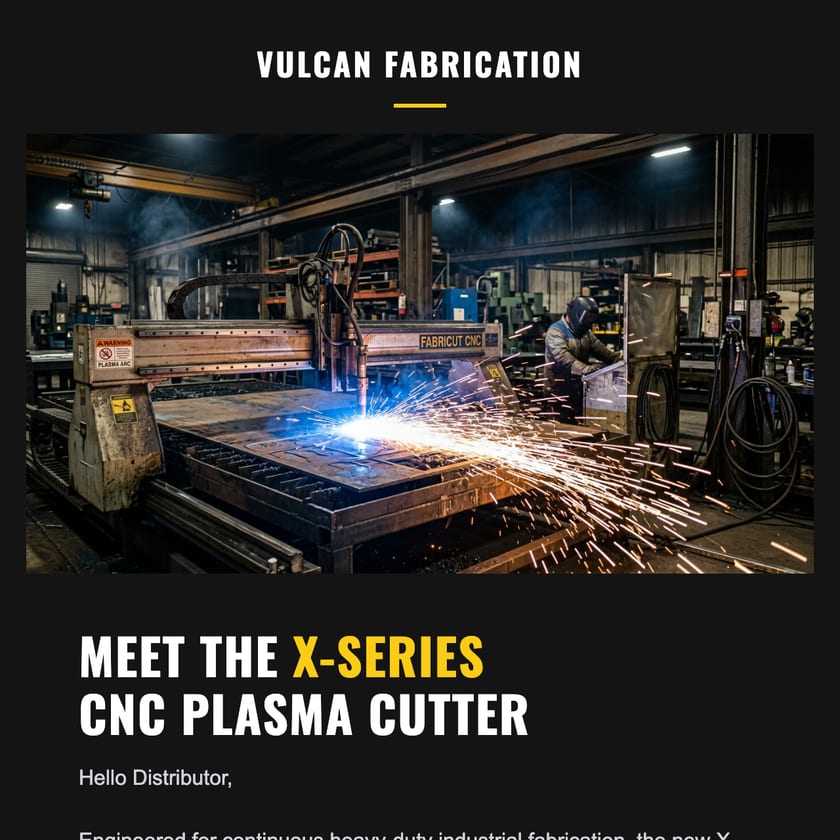 Vulcan Fabrication email introducing the X-Series CNC plasma cutter to distributors, with spec tiles and a pricing request button