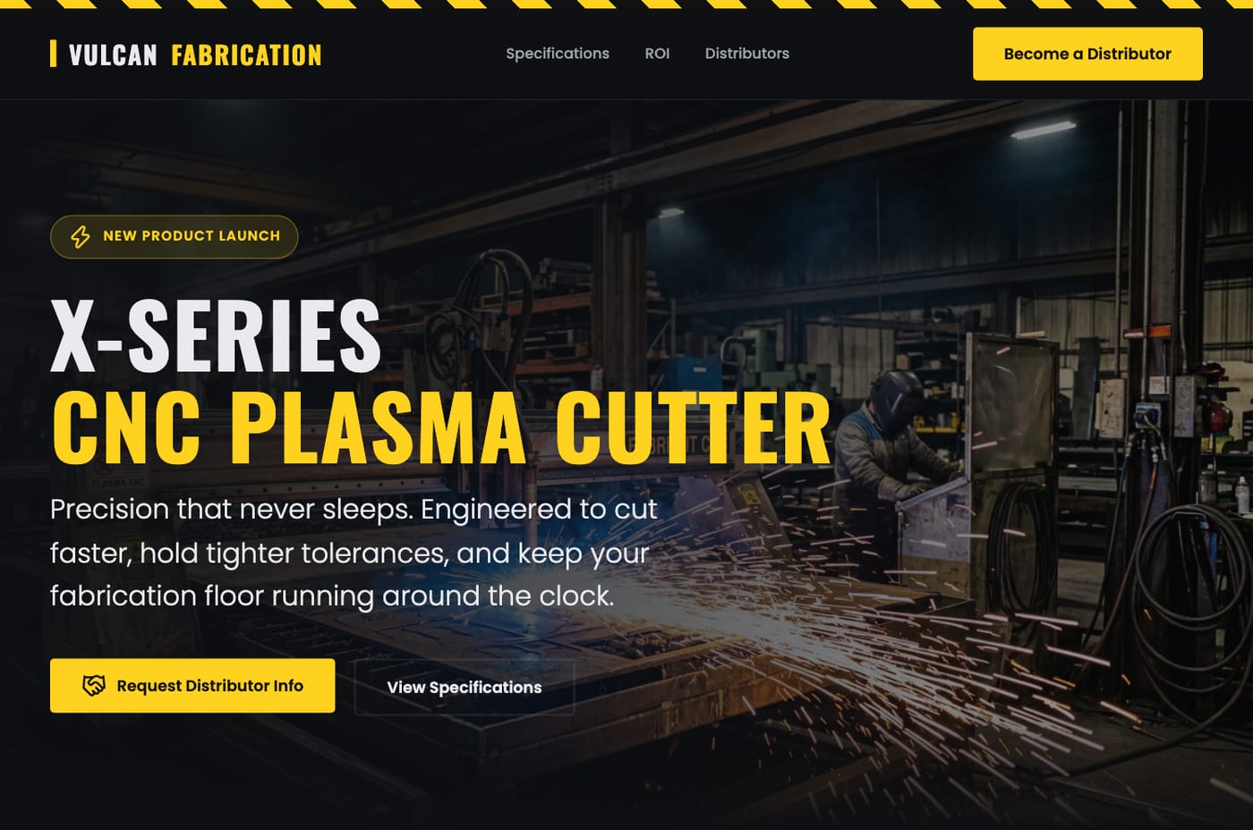 An industrial product launch page for a CNC plasma cutter with a distributor inquiry form, hero photo generated by the Image Agent