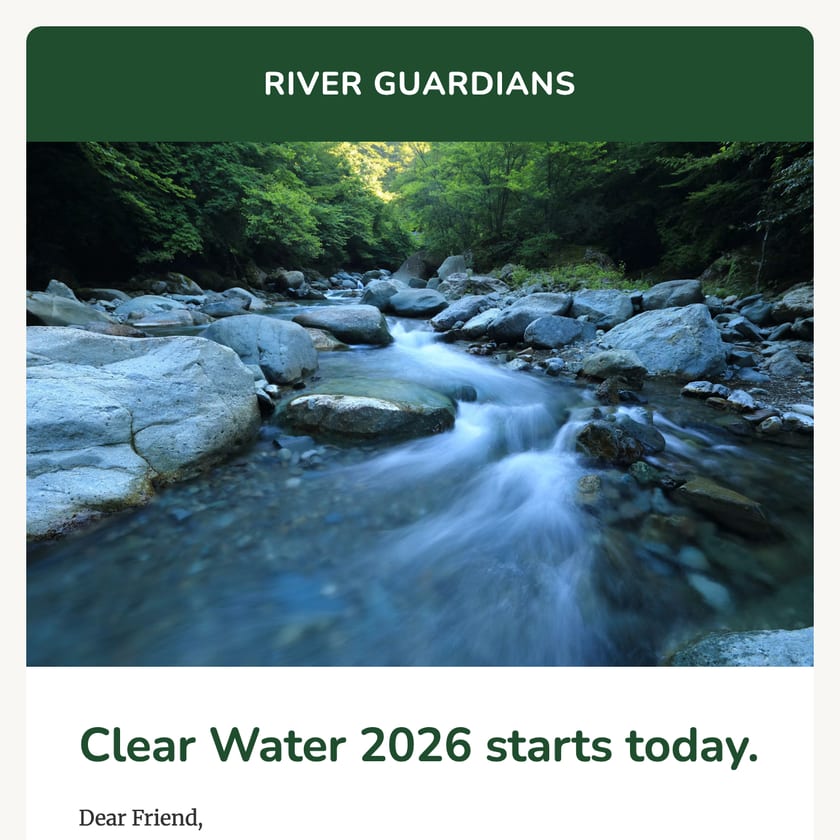 River Guardians Giving Tuesday email with a volunteer story, a matching gift callout, and $25, $50, and $100 giving levels