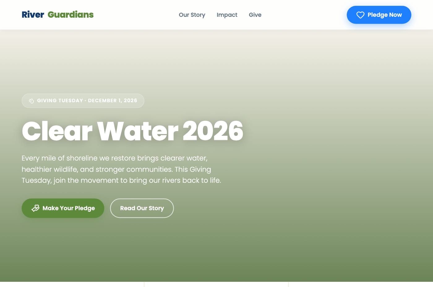 A Giving Tuesday campaign page for a river cleanup nonprofit, hero photo generated by the Image Agent