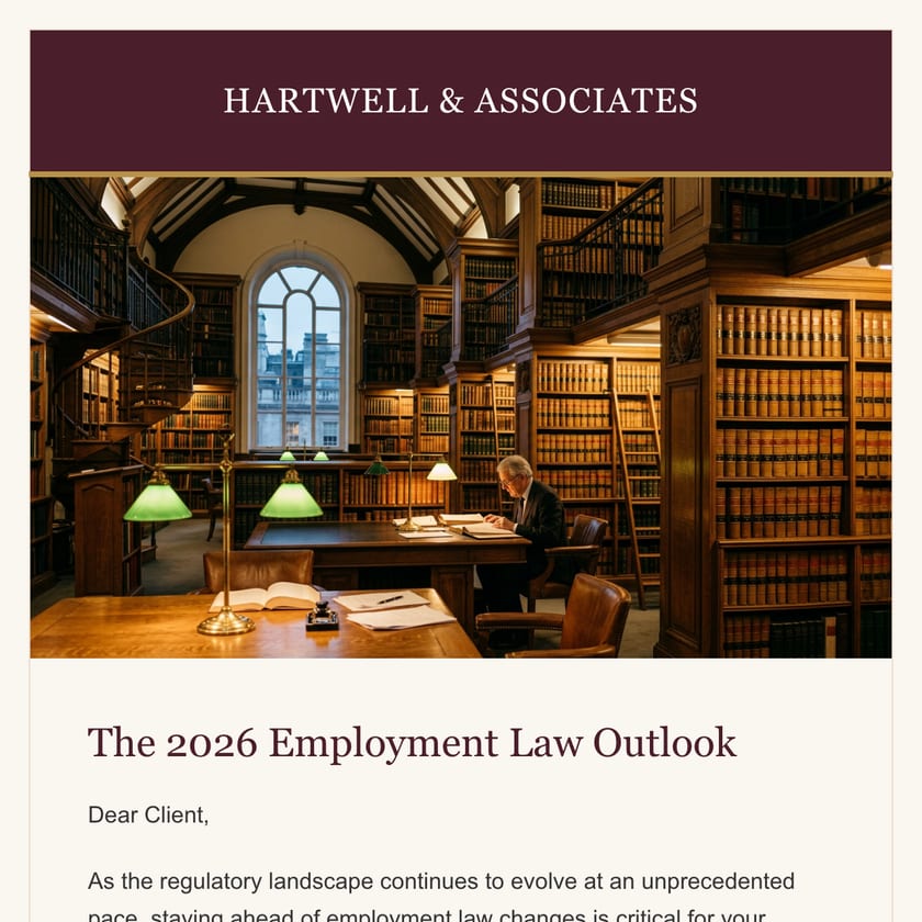 Hartwell & Associates email sharing the 2026 Employment Law Outlook, with three key findings and a download button
