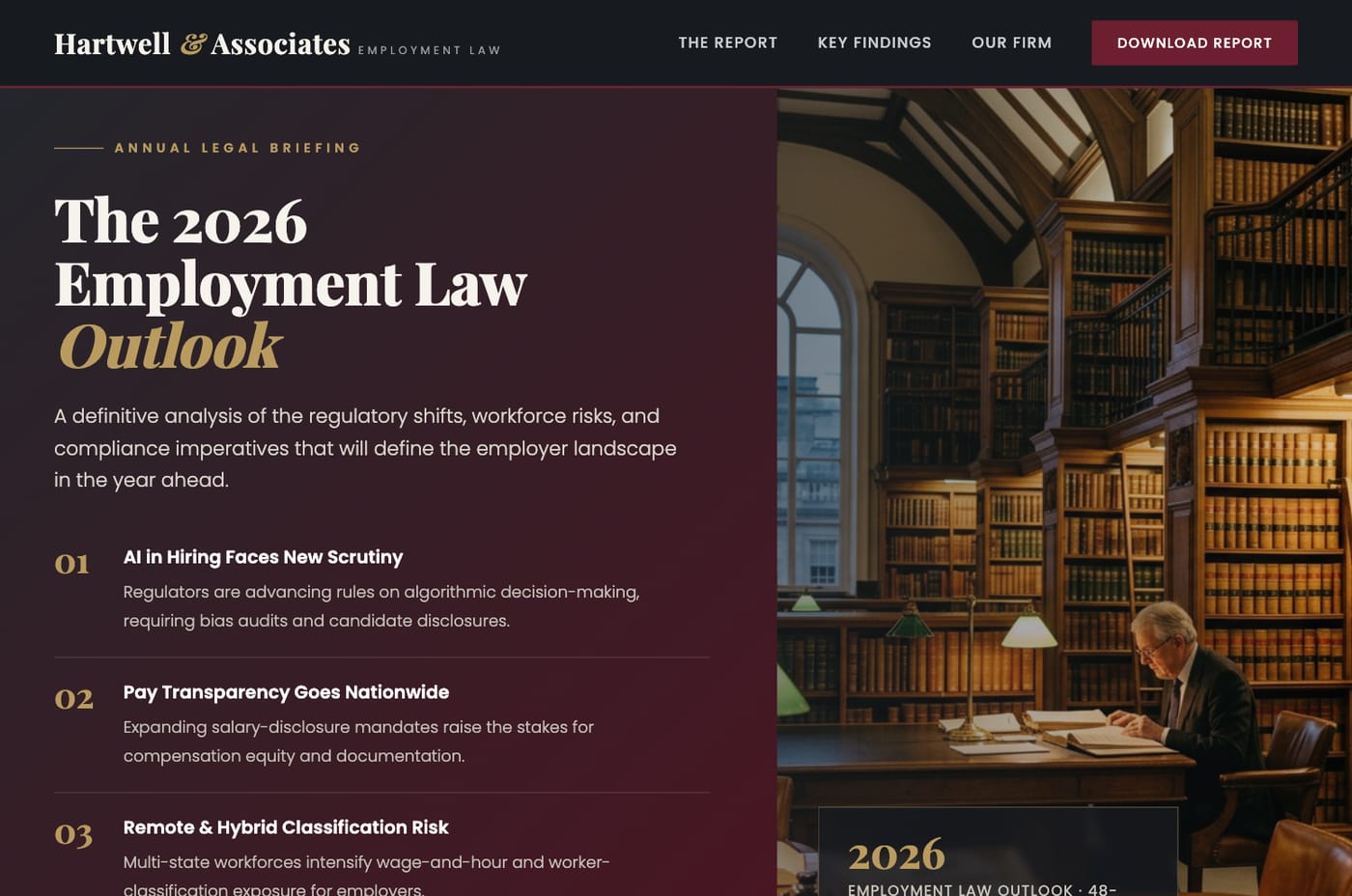 A gated employment law report page for a law firm with a download form, generated in Tented