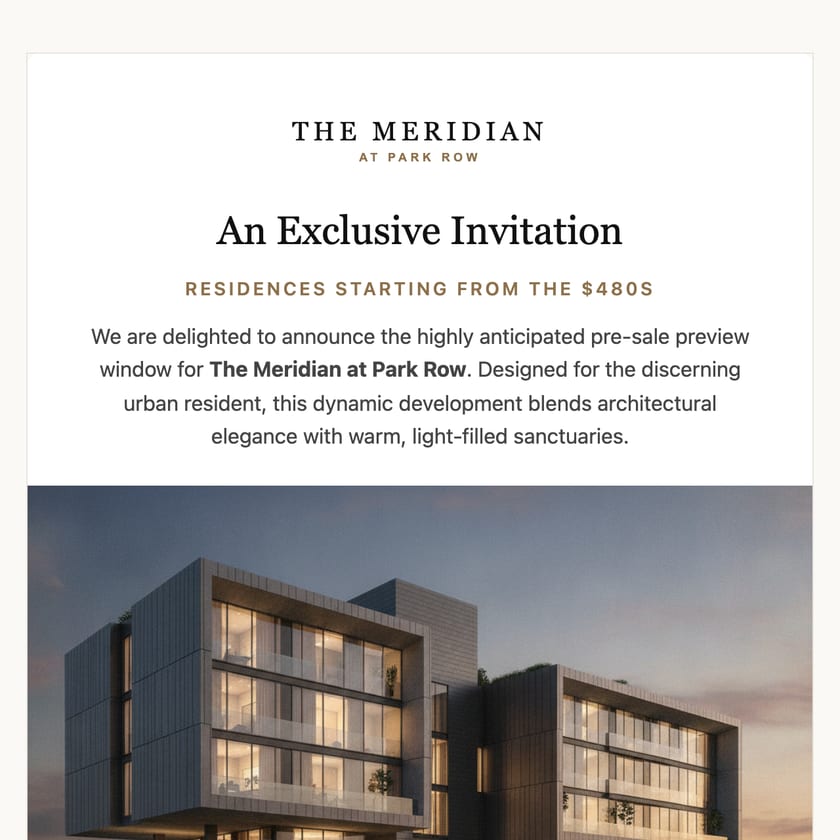 A pre-sale invitation email with an AI-generated architectural rendering