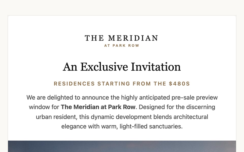 A pre-sale invitation email with an AI-generated architectural rendering