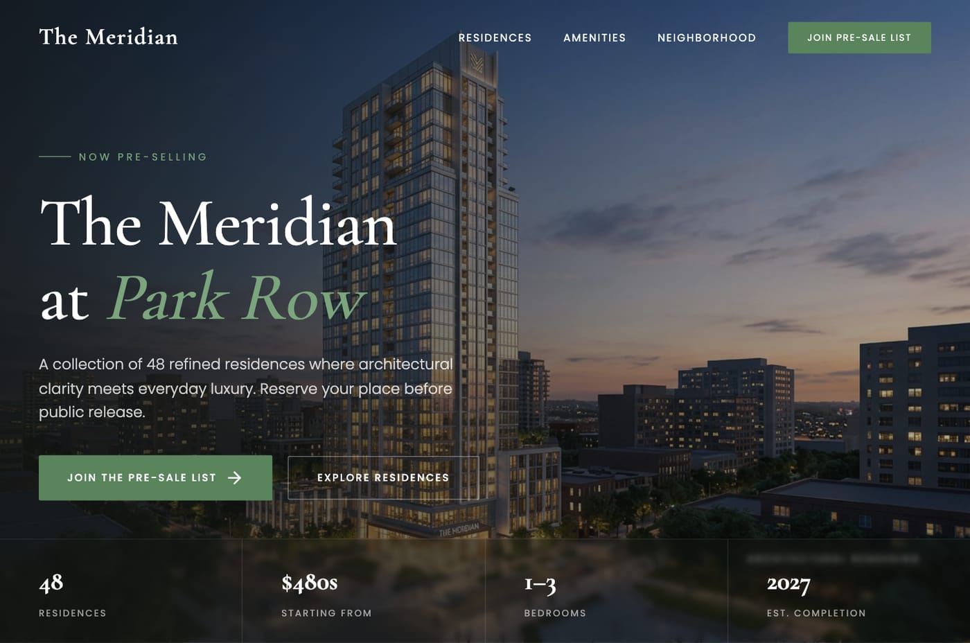 A pre-sale preview page for a new residential development, generated in Tented