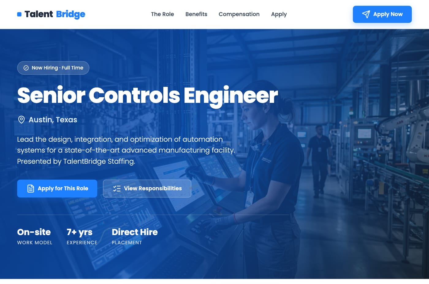 A role microsite for a Senior Controls Engineer opening with an apply form, hero photo generated by the Image Agent