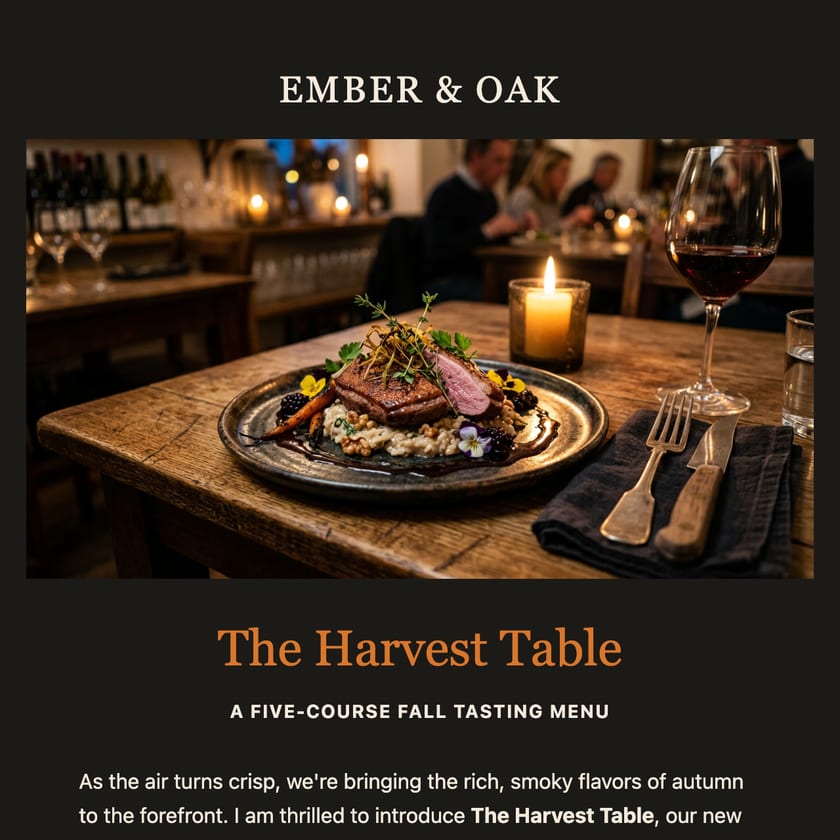 Ember & Oak email announcing The Harvest Table, a five-course fall tasting menu, with a reserve-a-table button