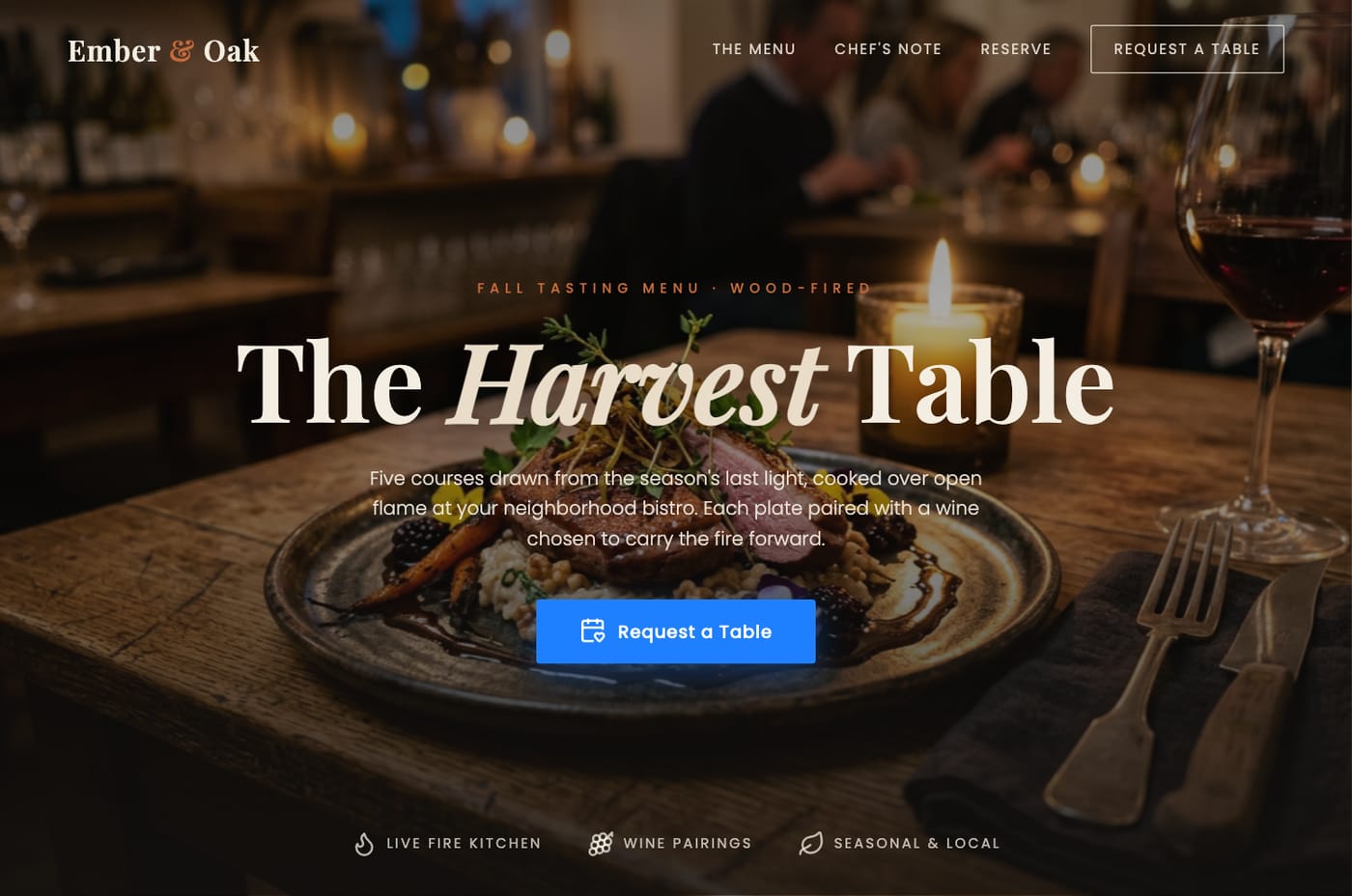 A fall tasting menu page for a wood-fired bistro with a reservation form, hero photo generated by the Image Agent