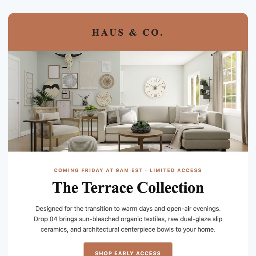 A product-drop announcement email with an AI-generated editorial interior photo