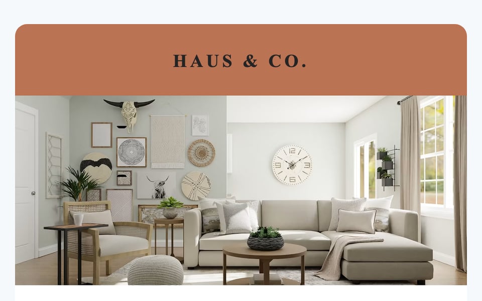 A product-drop announcement email with an AI-generated editorial interior photo